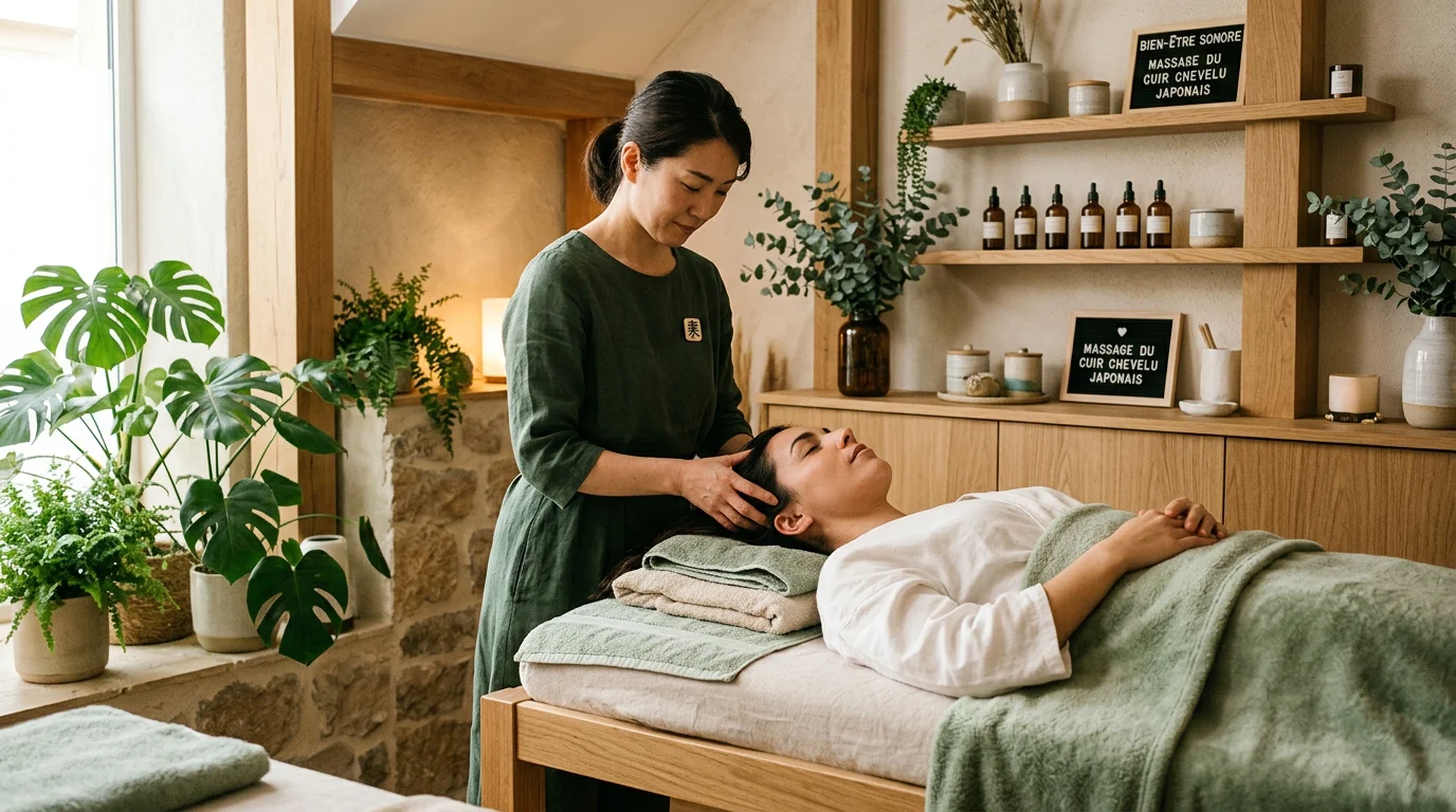 Praticienne réalisant un soin head spa japonais sur le cuir chevelu d'une cliente détendue
