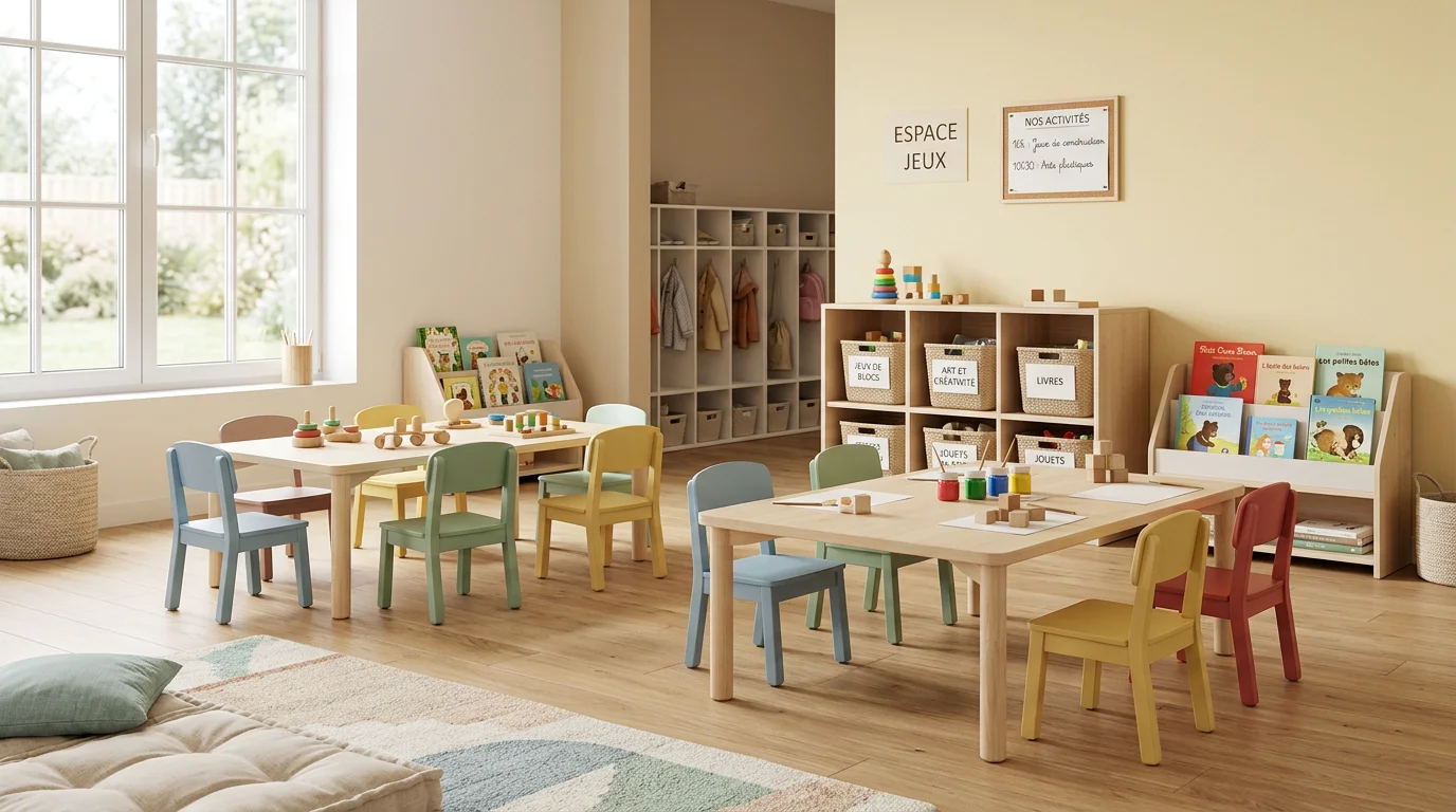 Salle d'activités d'une crèche équipée de tables et chaises adaptées aux tout-petits