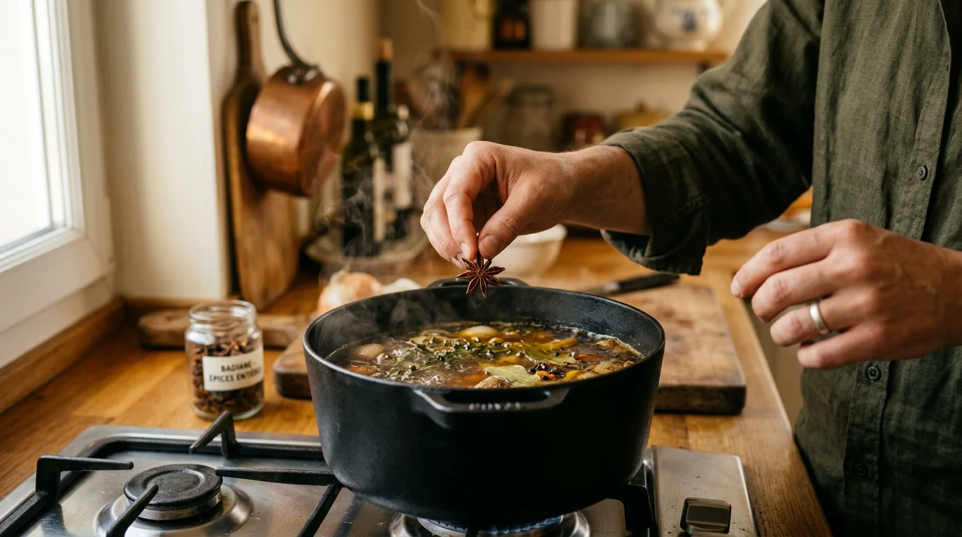 Ajout d'une étoile de badiane dans un bouillon en train de mijoter