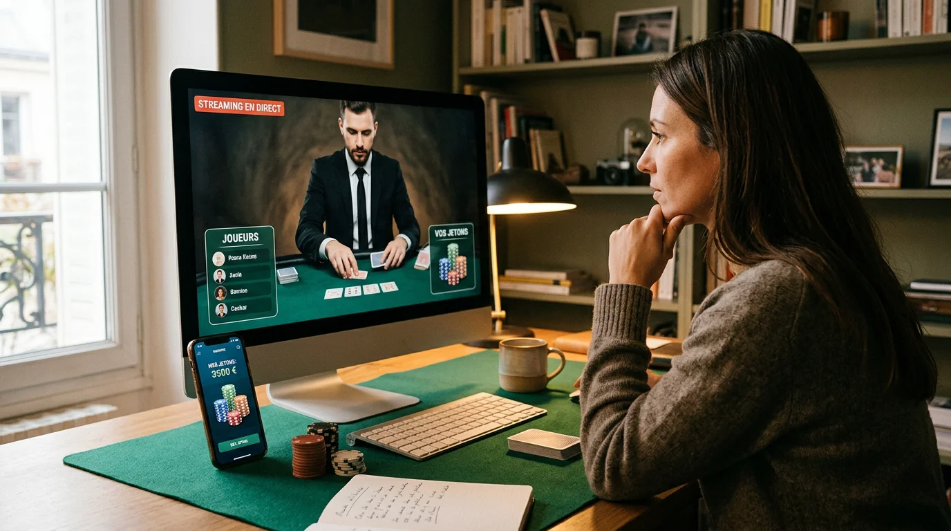 Joueur suivant une table de blackjack en direct depuis son domicile