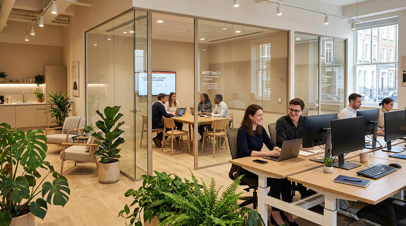Modern private serviced office with glass meeting rooms and natural light