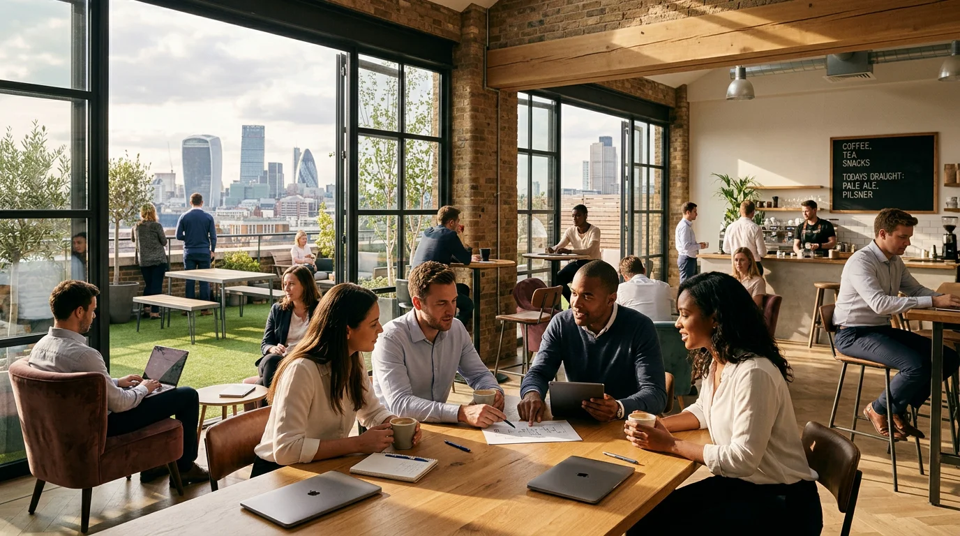 Professionals networking in a coworking lounge with a rooftop terrace