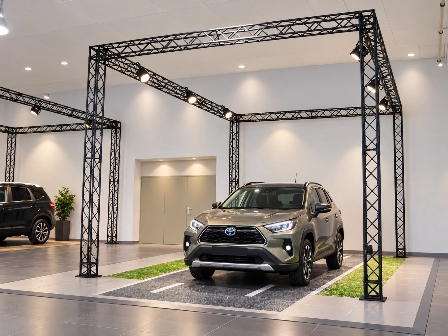 Structures modulaires d’exposition en treillis noir, présentées avec des exemples de stands et d’étagères.