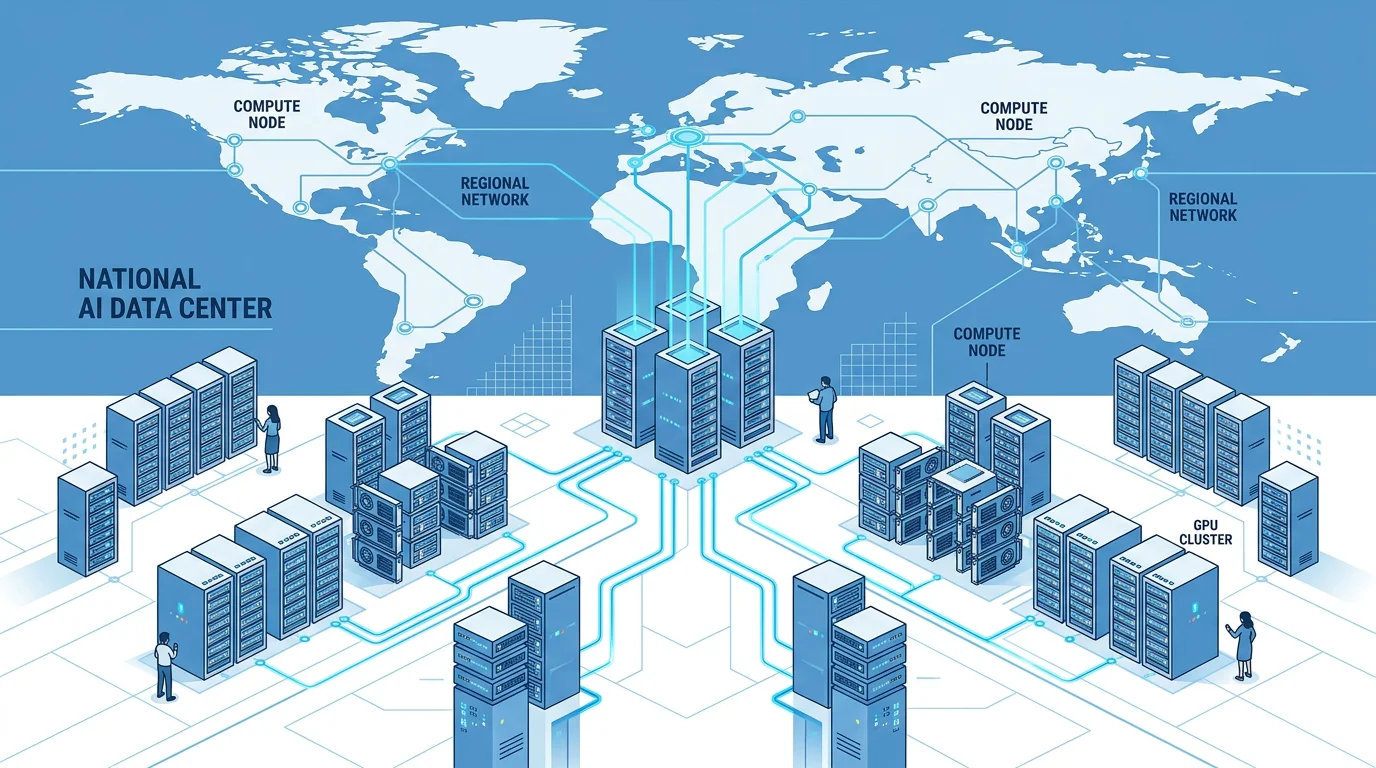 Illustration of regional AI data centers and GPU clusters connected across a network