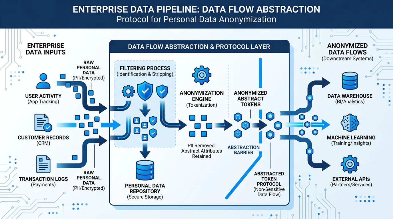 Diagram showing a protocol layer filtering personal data out of an enterprise data flow