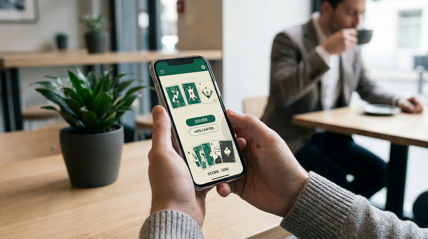 Joueur consultant une partie de blackjack en ligne sur son smartphone