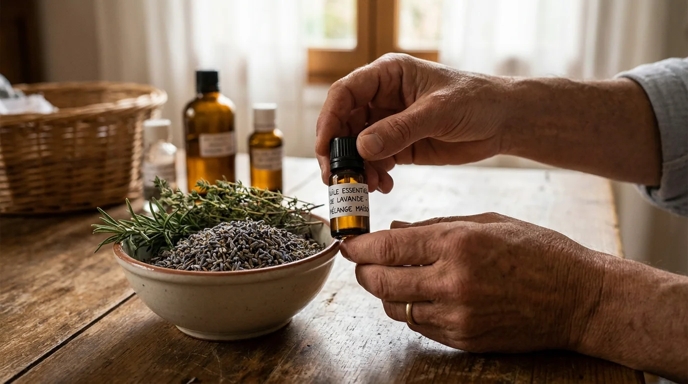 Mains de thérapeute préparant un ancrage olfactif avec un flacon d'huile essentielle dans un cabinet en France