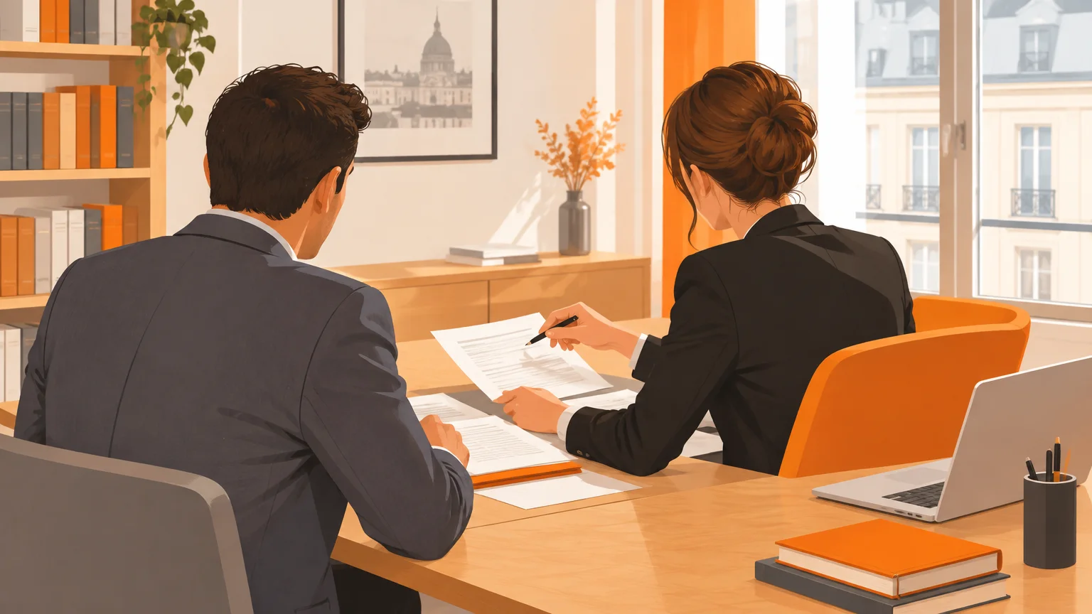 Client et avocat examinent des documents dans un bureau lumineux