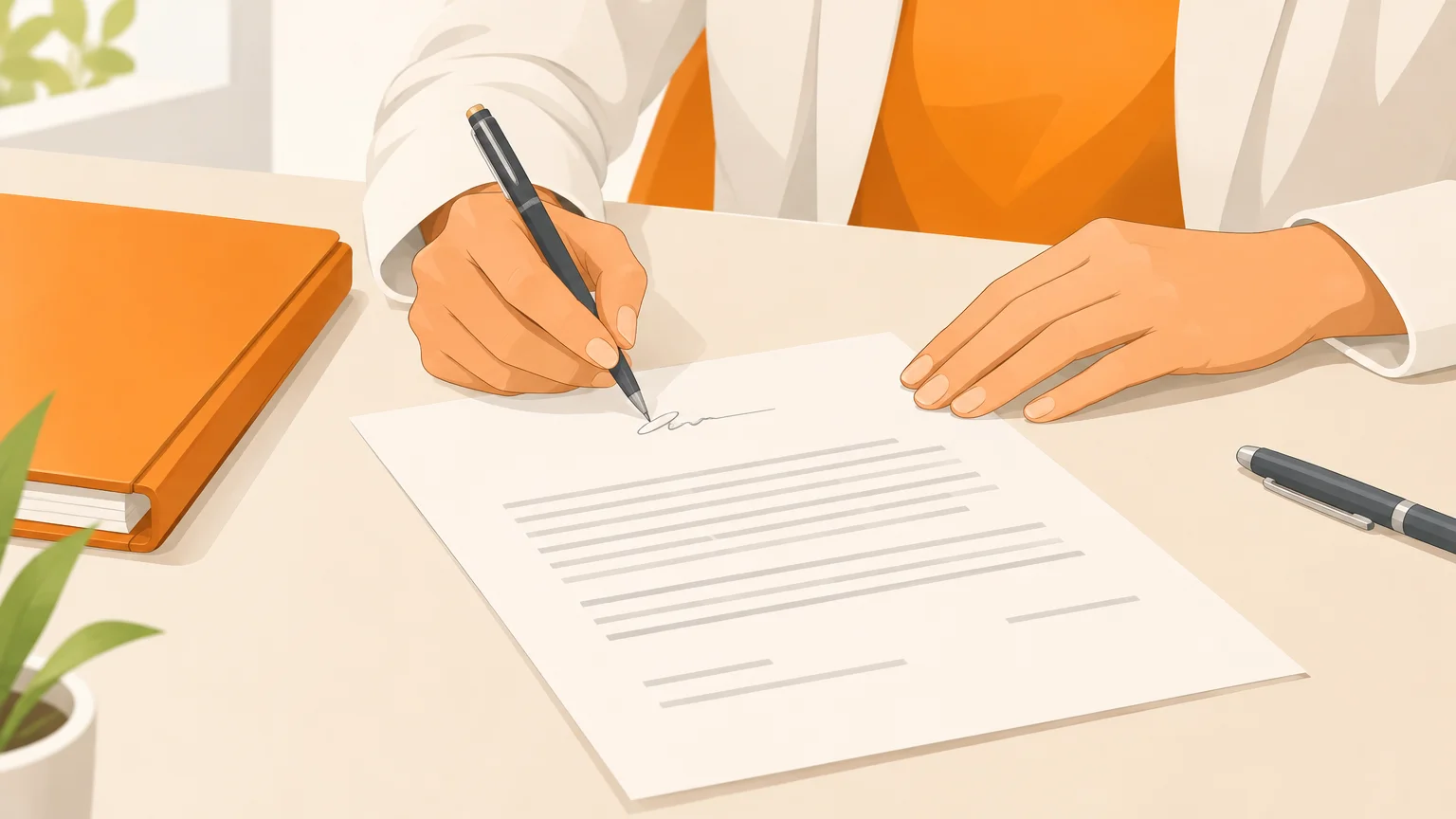 Mains anonymes signant un document sur un bureau clair