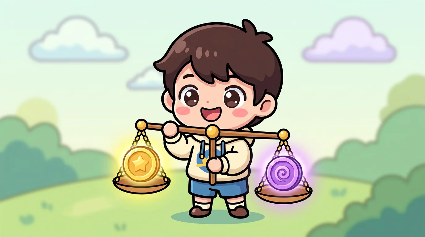 Chibi mascot weighing two coin types on a balance scale