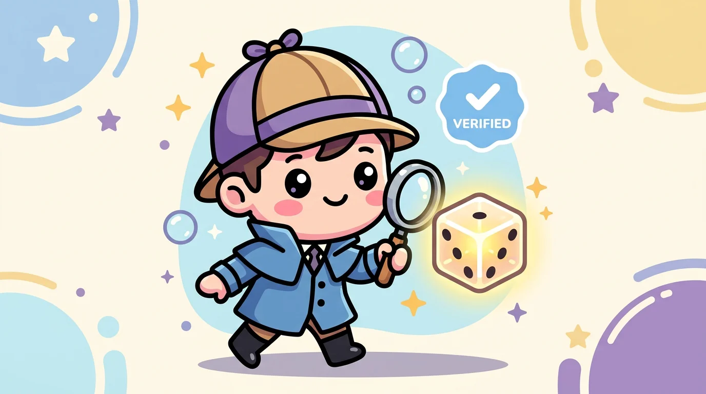 Chibi detective inspecting a transparent dice with a verified badge
