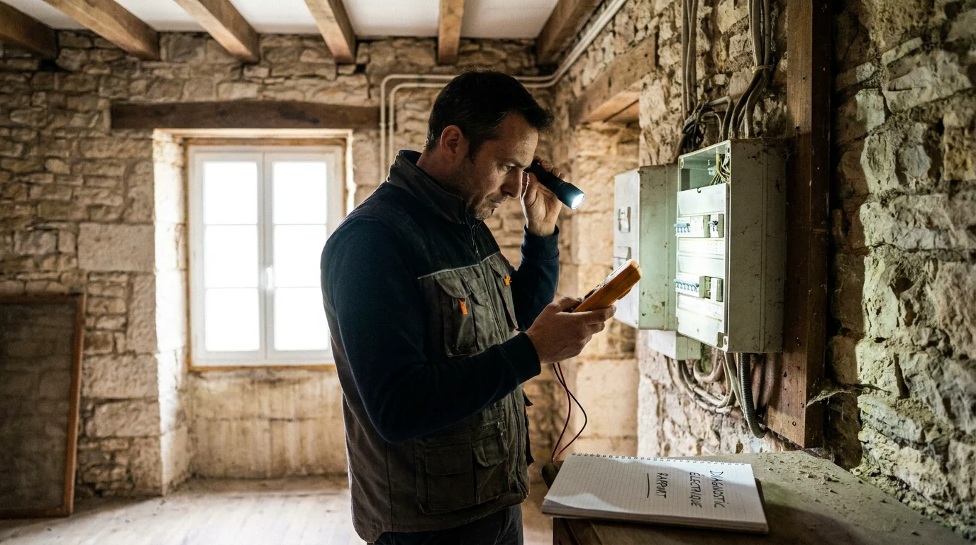 Diagnostiqueur certifié réalisant un contrôle électrique dans une maison avant vente