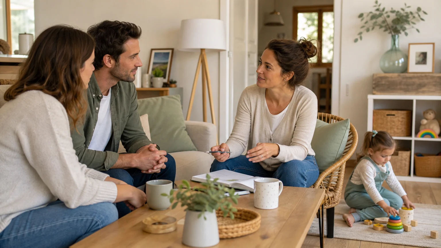 Rencontre entre des parents et une assistante maternelle dans un salon