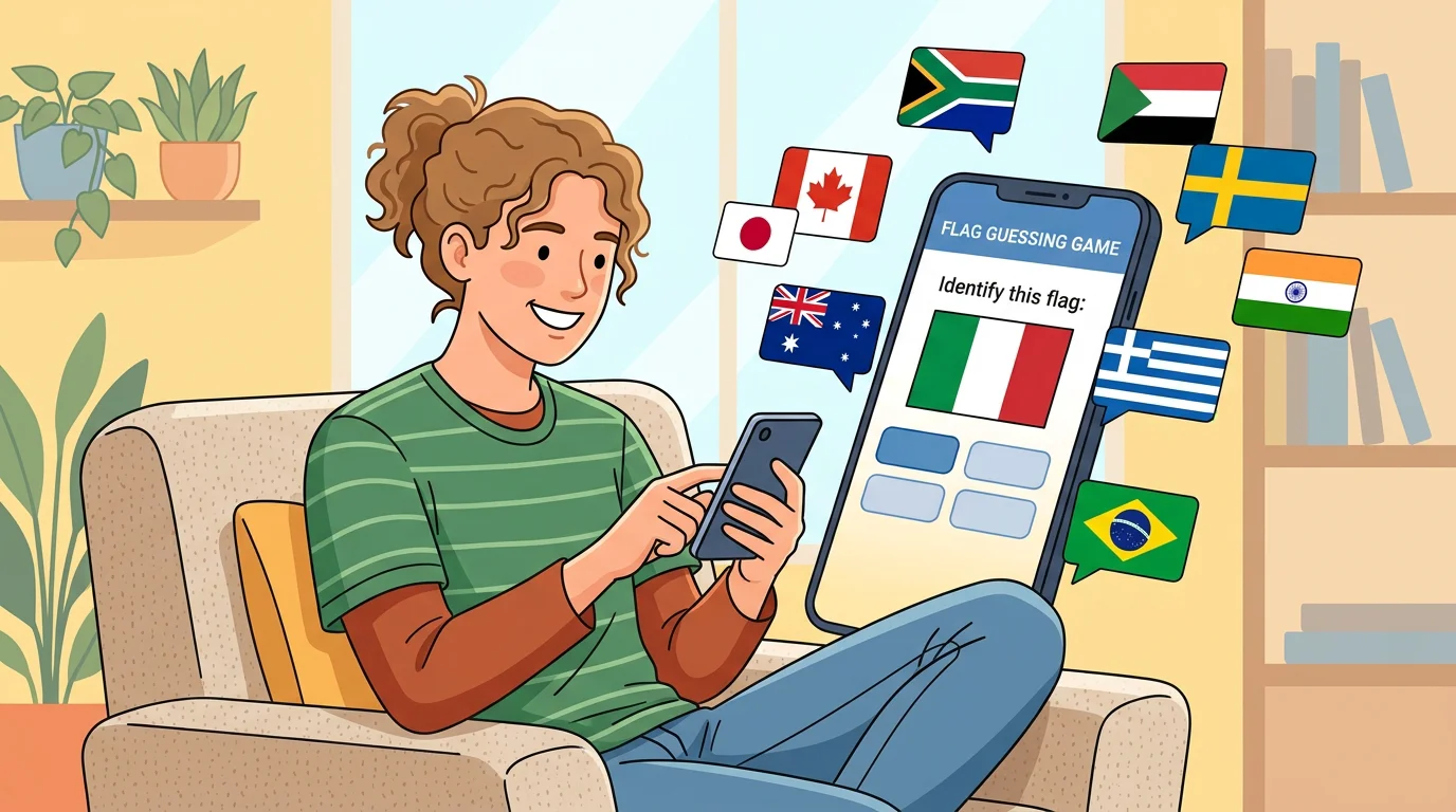 Person playing a flag-guessing game on a phone surrounded by world flag icons
