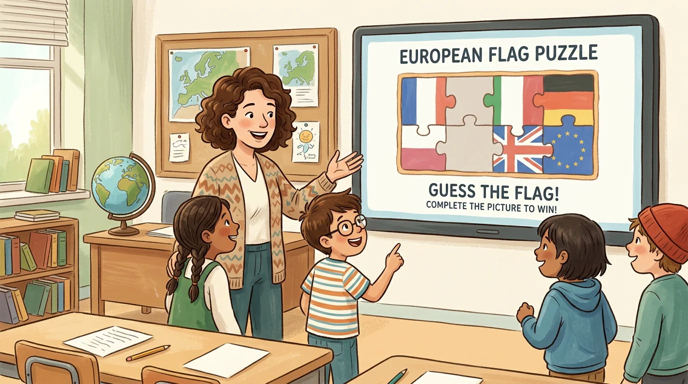 Teacher and students playing a daily flag challenge in a classroom