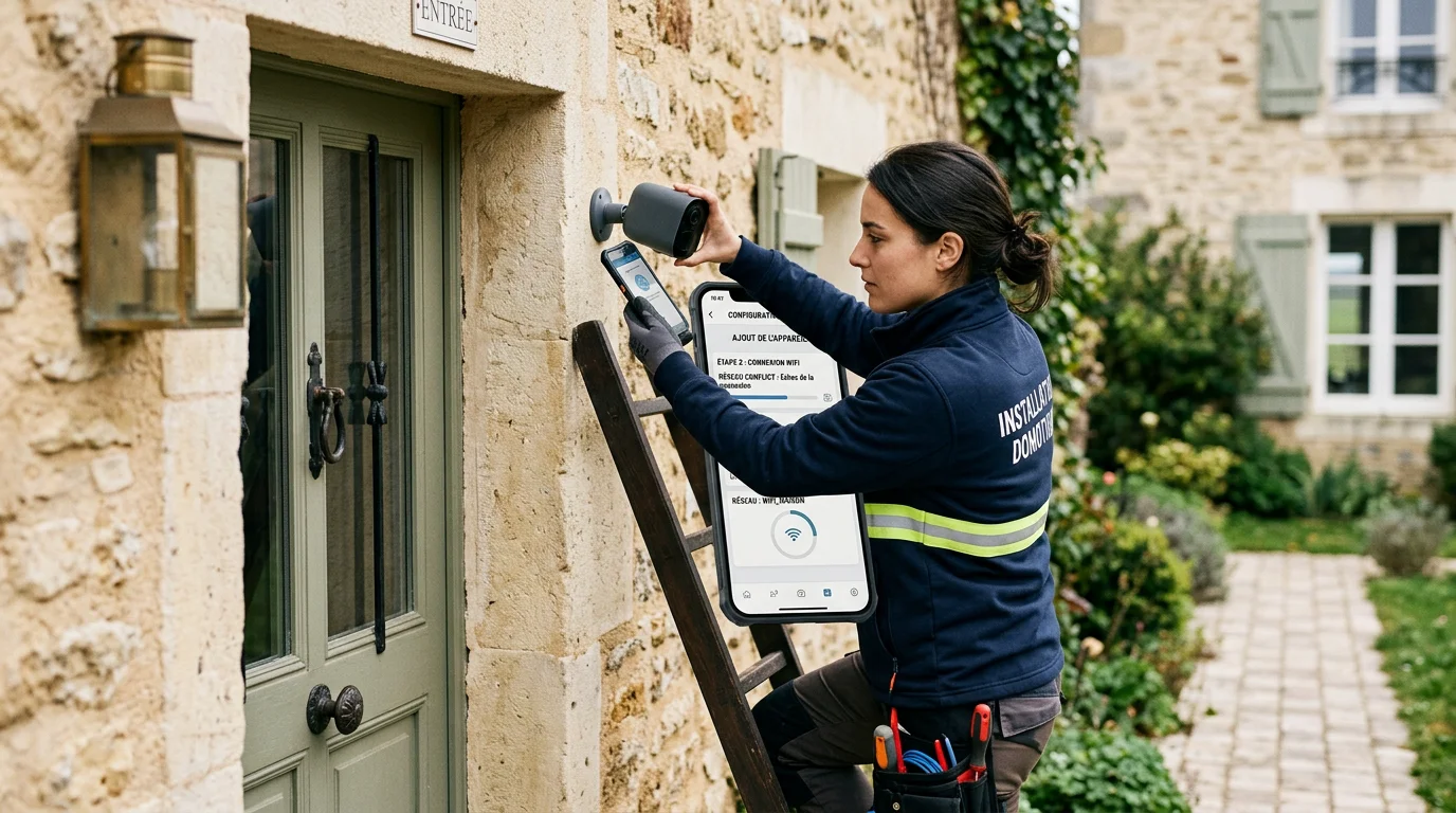Technicien configurant une caméra WiFi extérieure via une application mobile
