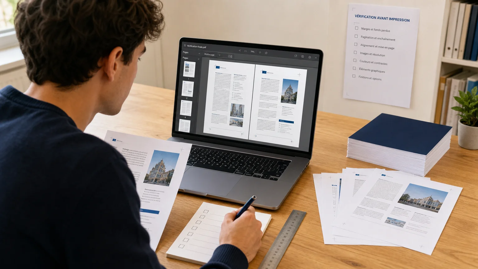 Étudiant vérifiant son fichier PDF avant l’impression d’un mémoire