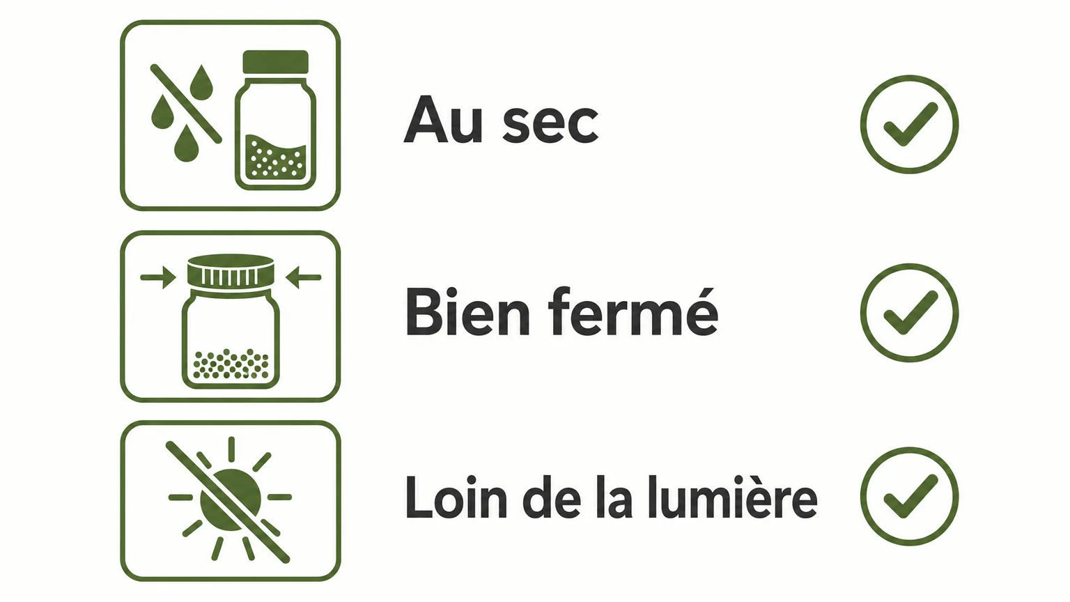 Checklist illustrée pour garder les épices au sec, fermées et à l’abri de la lumière