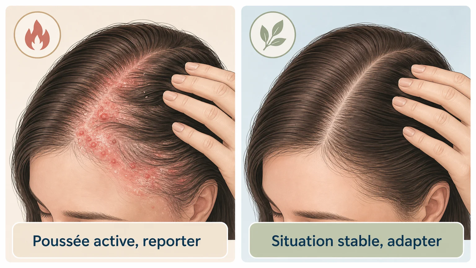 Illustration comparant une poussée active du cuir chevelu et une situation stable avant un Head Spa
