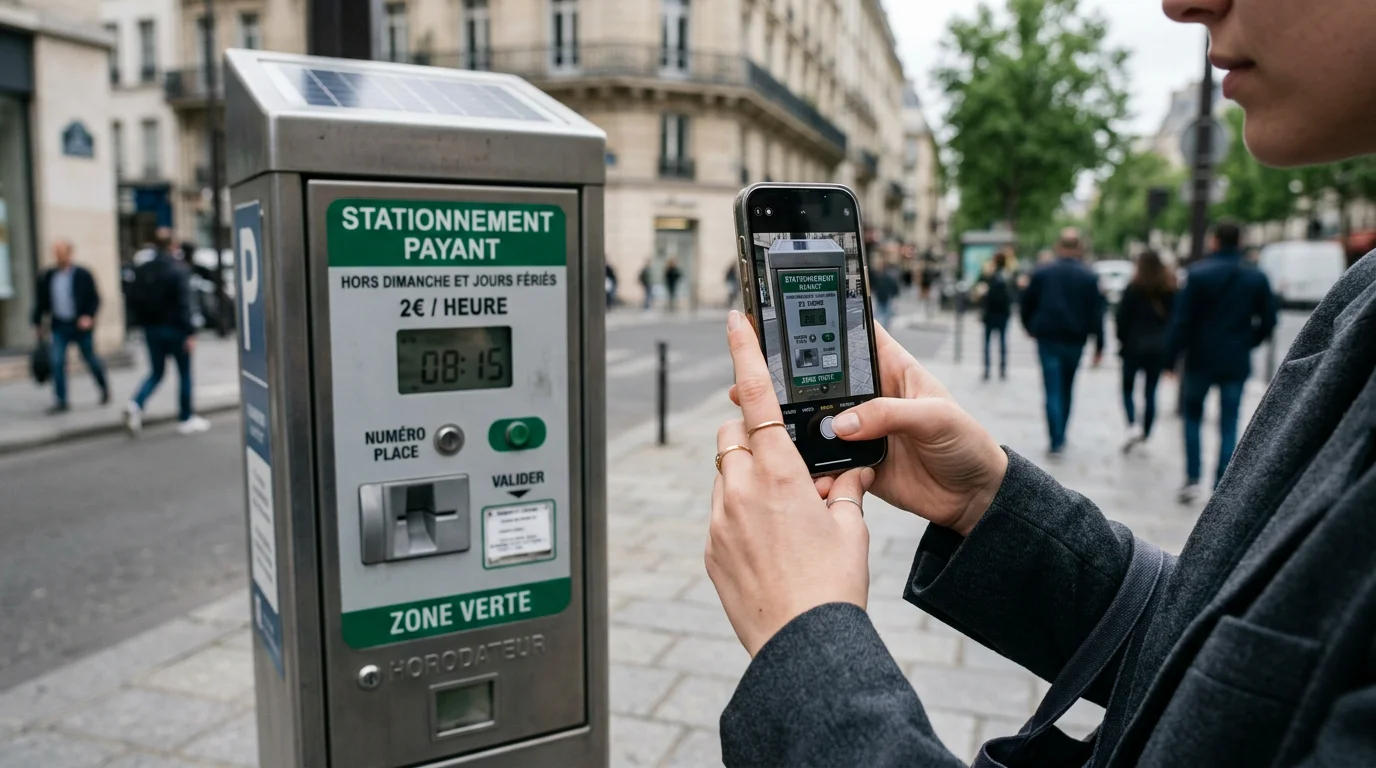 Preuve de stationnement photographiée devant un horodateur pour un recours