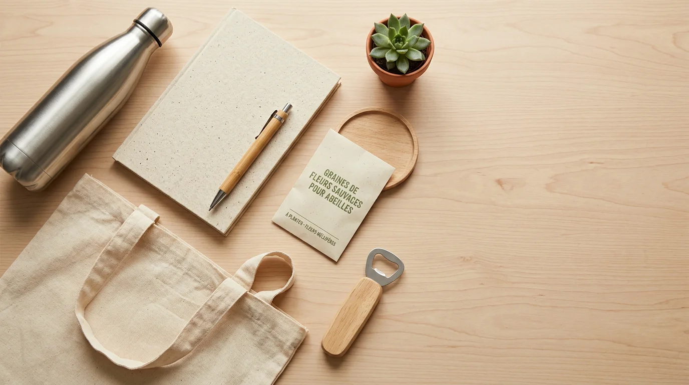 Objets publicitaires éco-responsables en bambou, inox et coton bio disposés sur un bureau