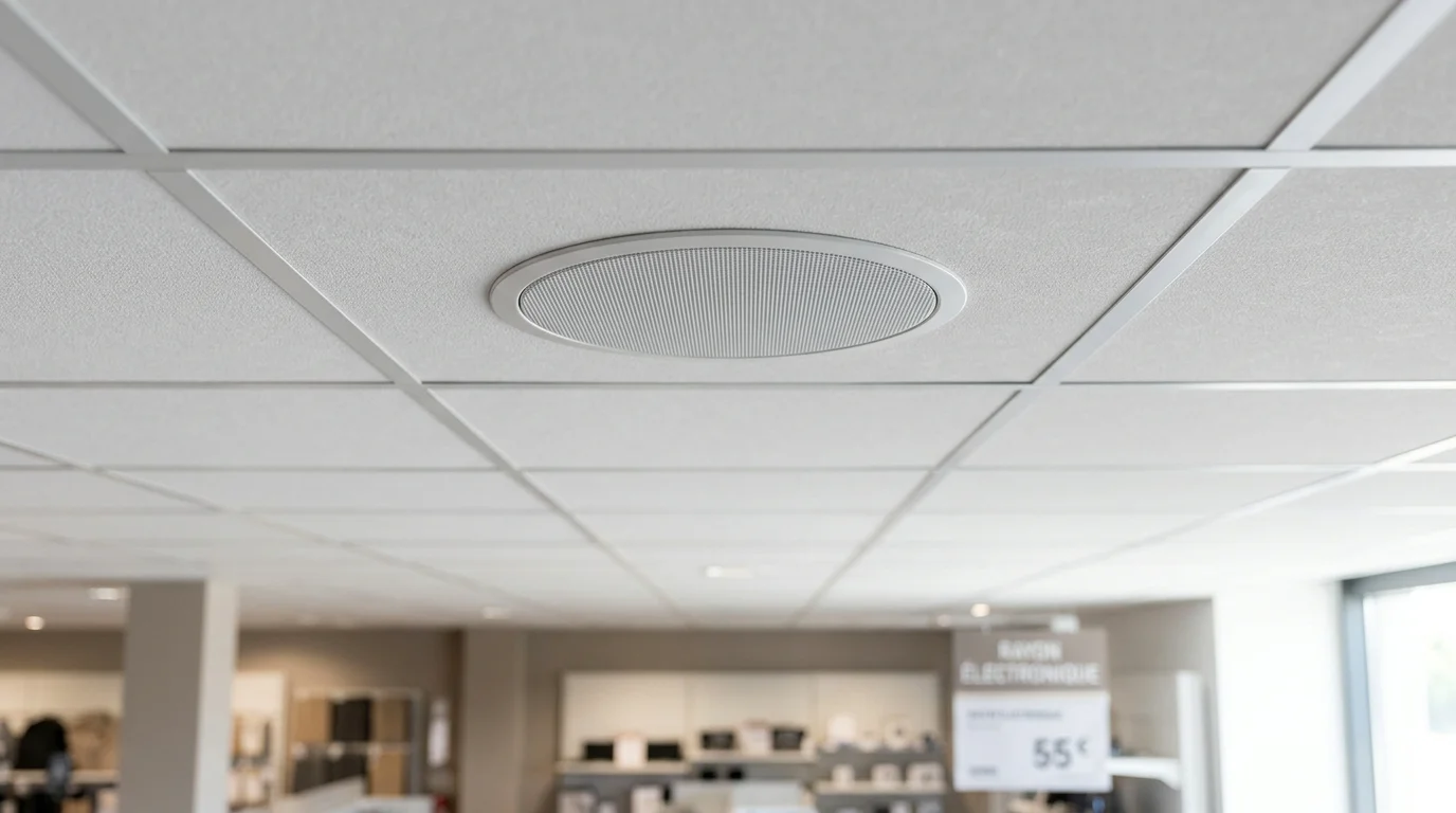 Haut-parleur de plafond blanc encastré dans un faux plafond de commerce