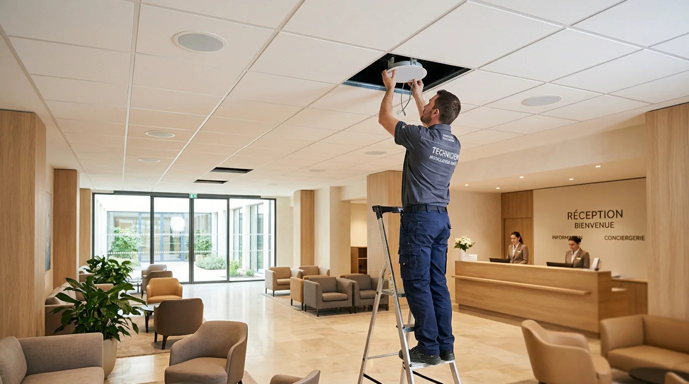 Technicien installant des enceintes de plafond dans un hall d'hôtel