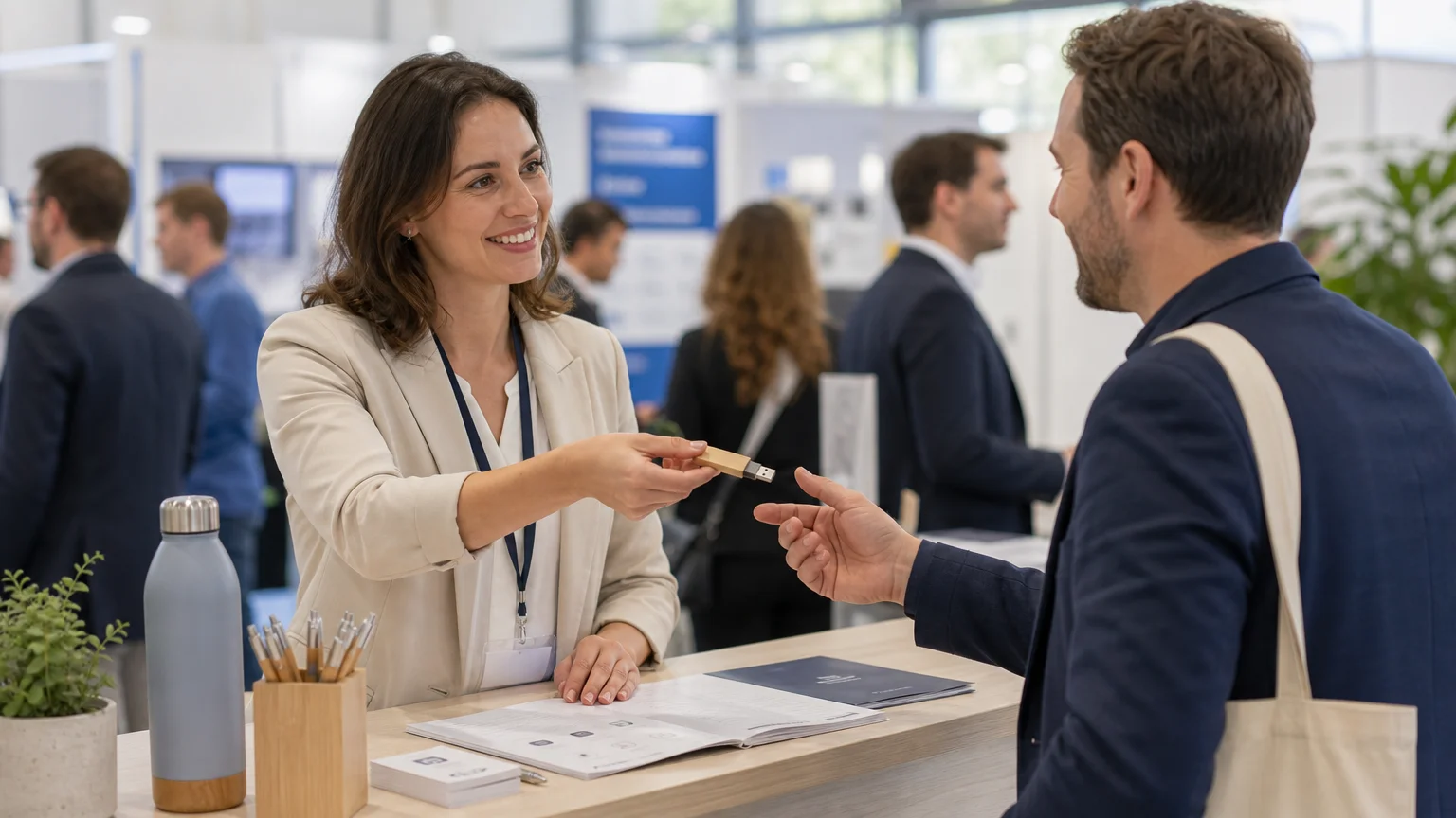 Distribution professionnelle d’une clé USB écologique lors d’un salon