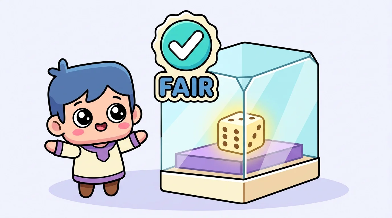 Chibi character next to a glass box with a glowing dice and a verified checkmark badge