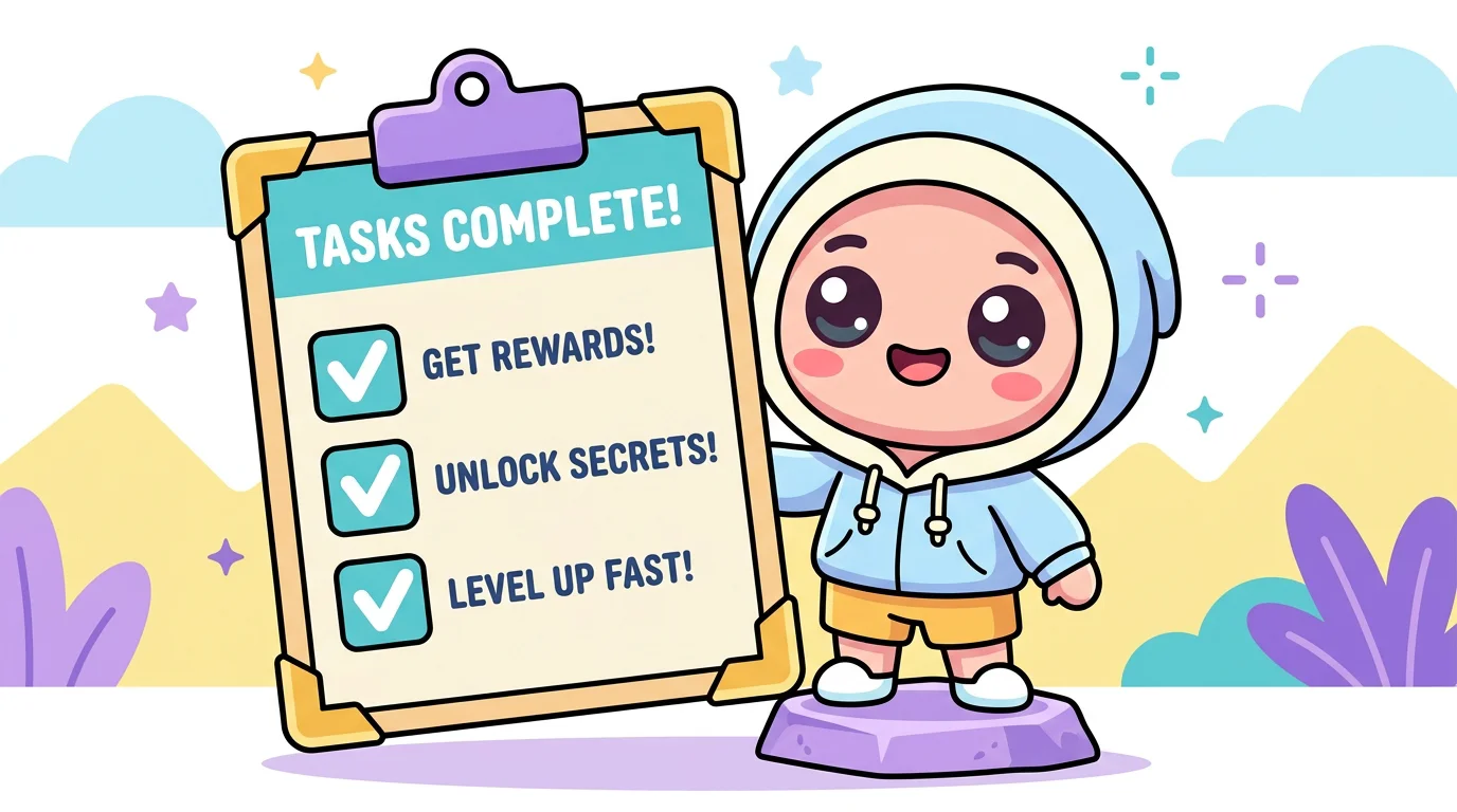 Chibi mascot holding a checklist clipboard with three ticked boxes