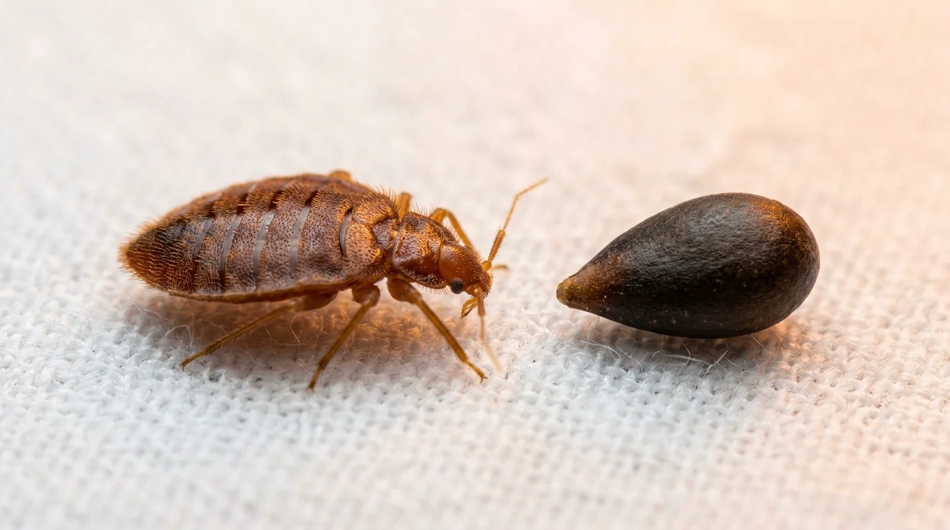 Punaise de lit adulte comparée à un pépin de pomme pour l'échelle