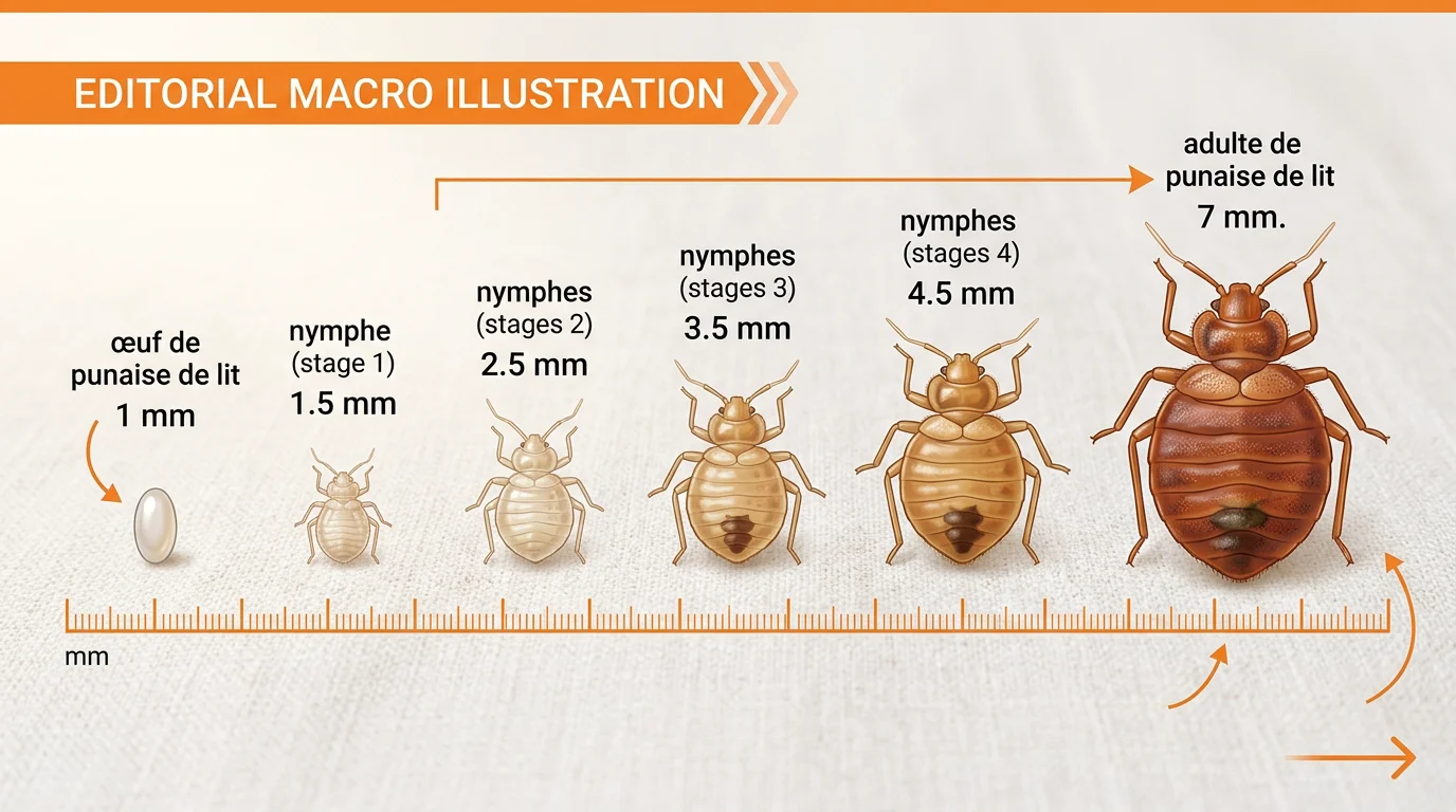Comparaison des tailles d'une punaise de lit de l'œuf à l'adulte