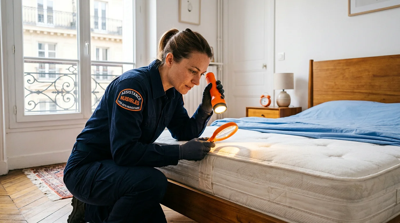Technicien européen inspectant un matelas à la recherche de punaises de lit