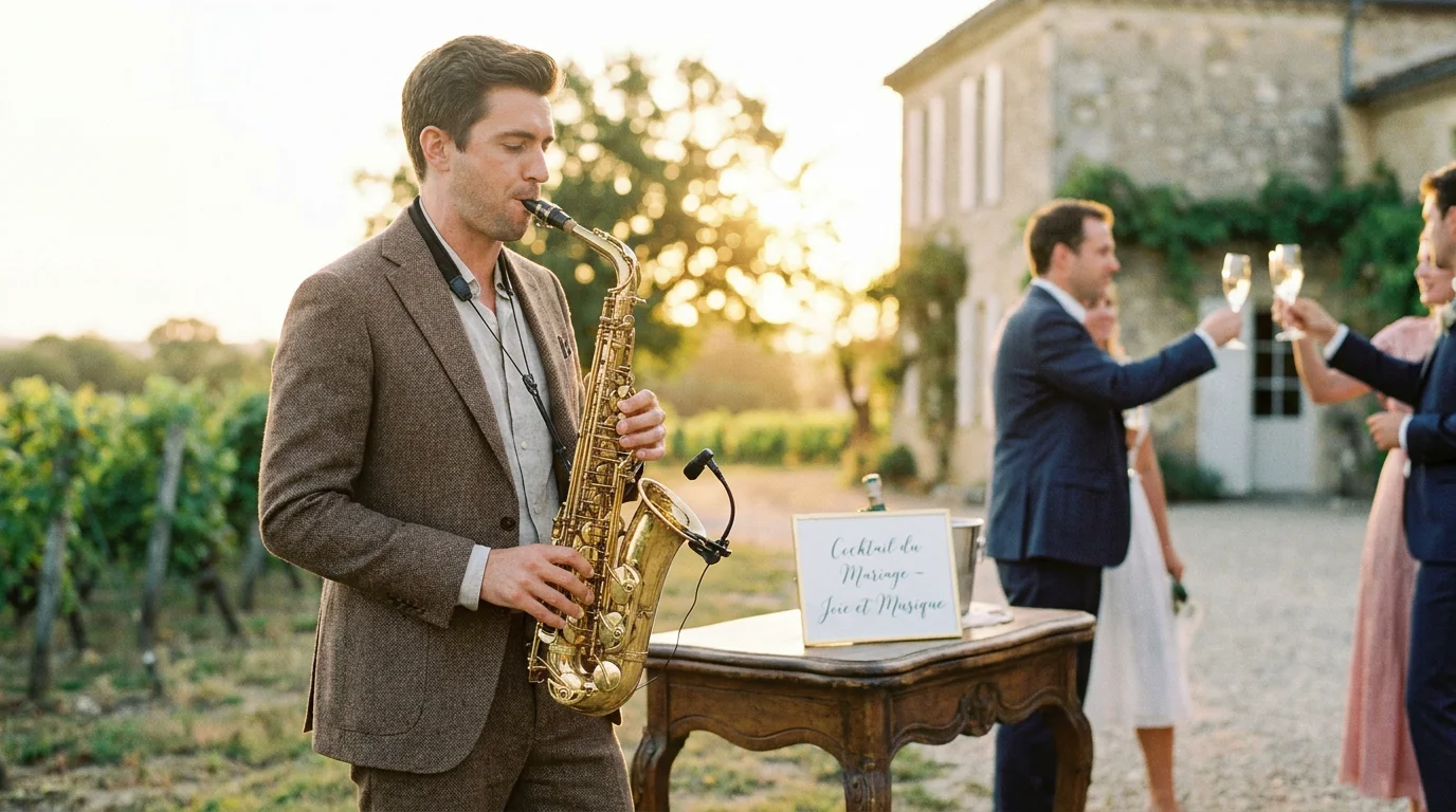 Saxophoniste jouant lors d'un cocktail de mariage en plein air dans un cadre champêtre