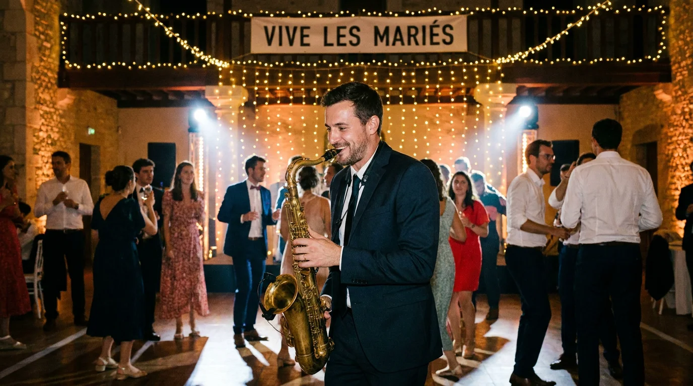 Saxophoniste animant la soirée dansante d'un mariage avec des invités sur la piste de danse