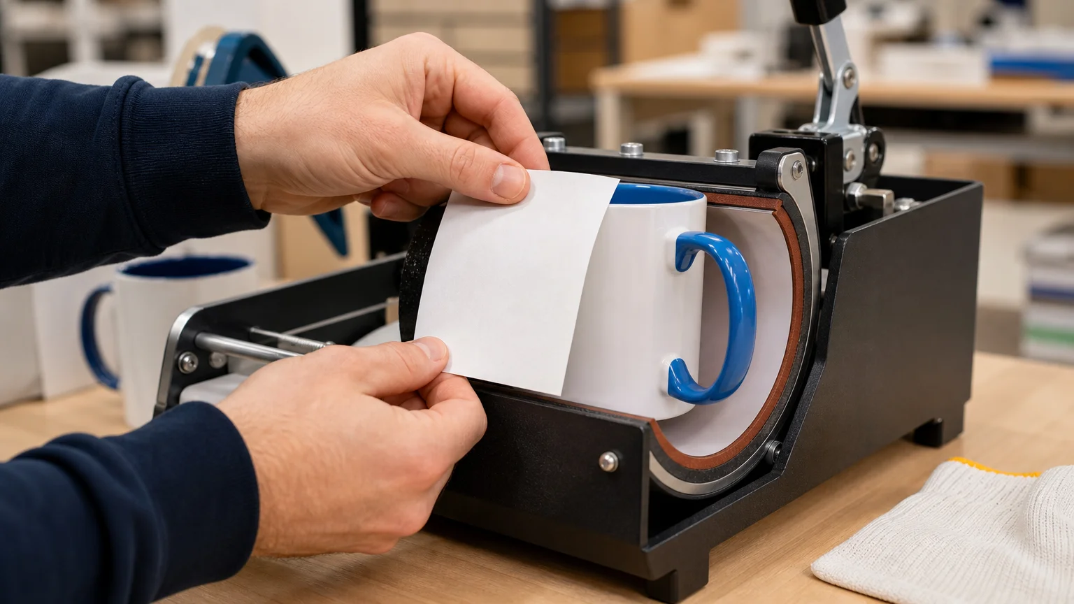 Préparation du marquage d’un mug bicolore en atelier