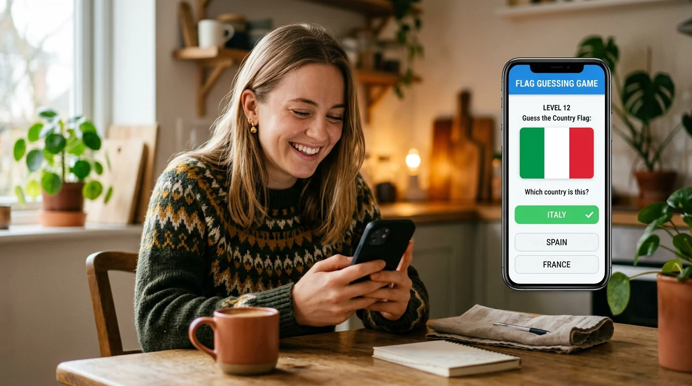 A person playing a flag memory game on a phone at home