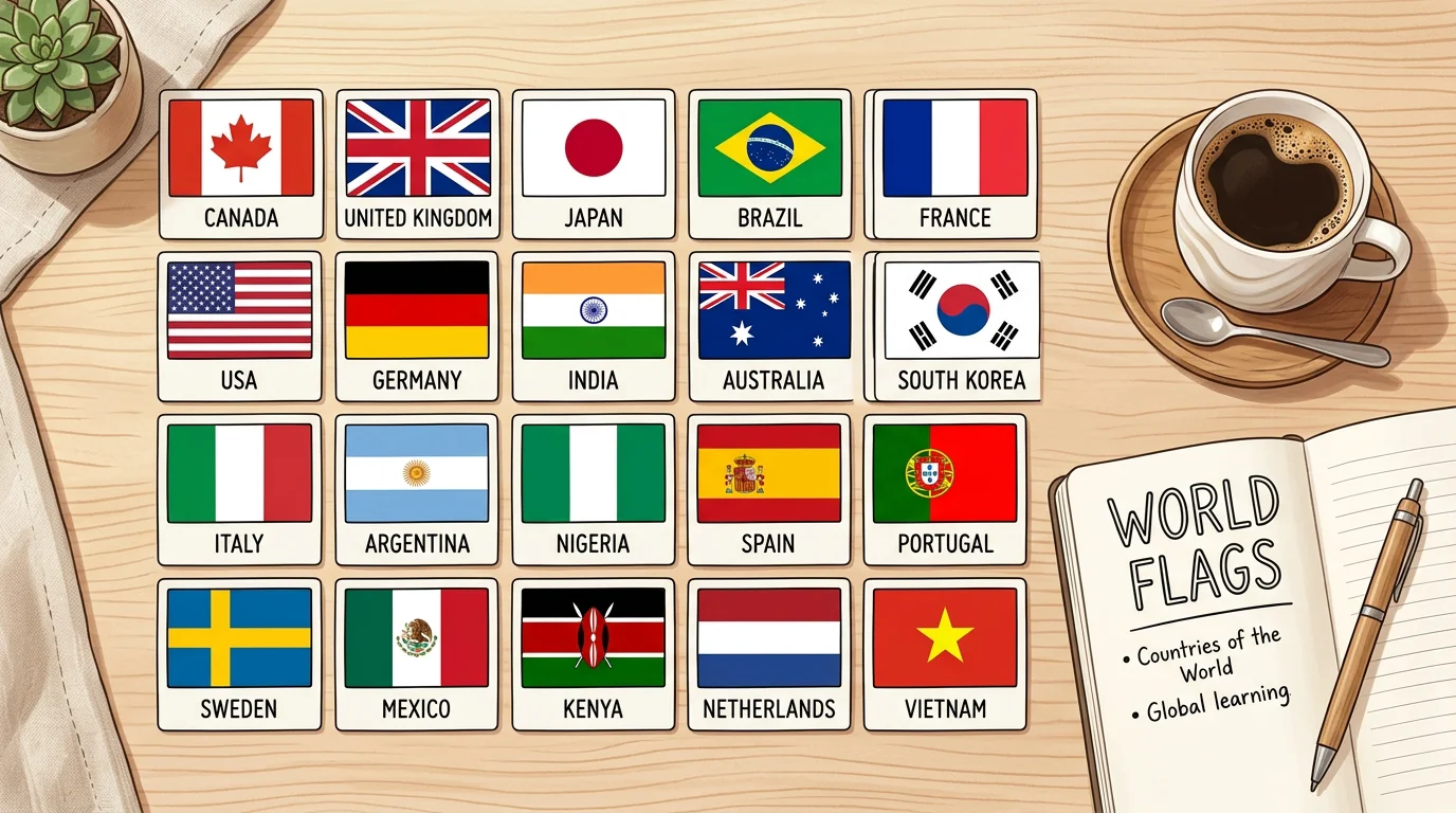 A grid of world flag cards laid out for a memory matching game