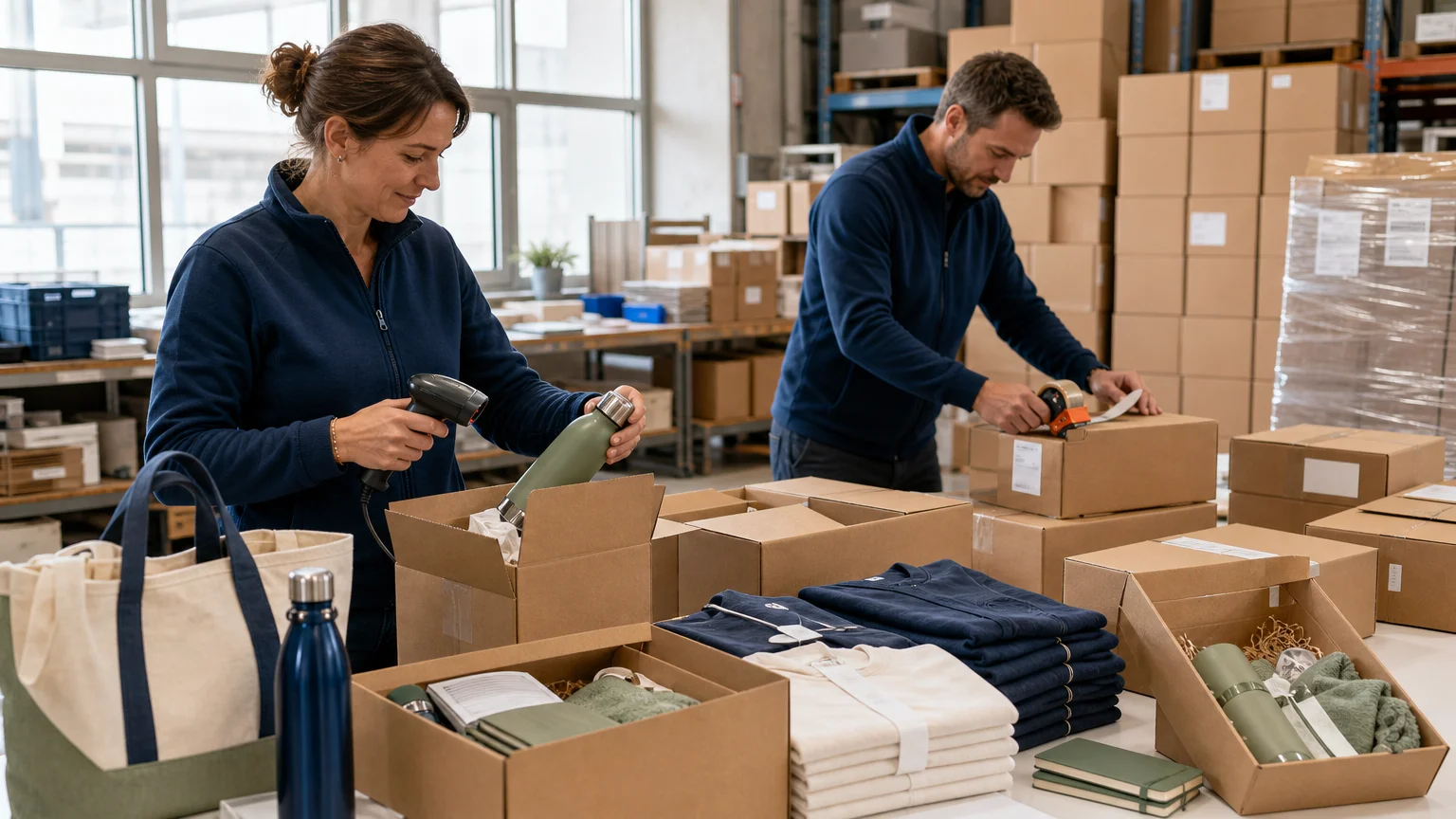 Préparation de colis de goodies pour plusieurs destinations dans un entrepôt professionnel