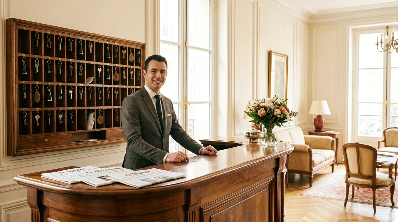 Réceptionniste accueillant des clients dans le hall d'un hôtel en France