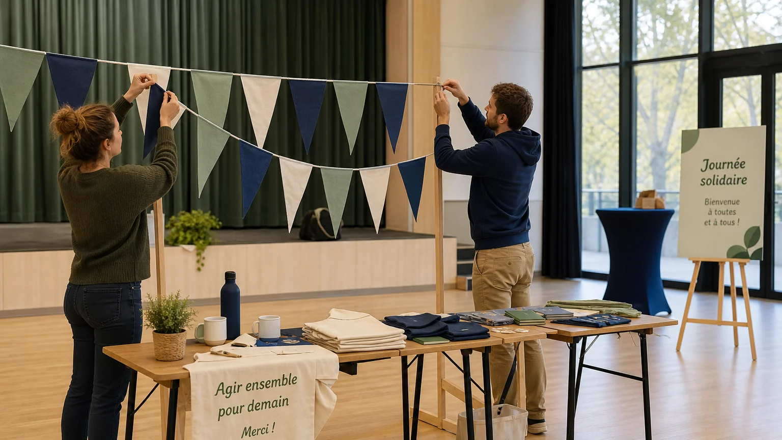 Installation de fanions personnalisés dans un espace événementiel