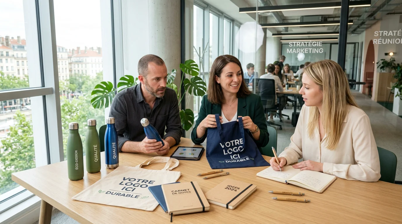 Équipe marketing sélectionnant des objets publicitaires personnalisés sur une table de bureau