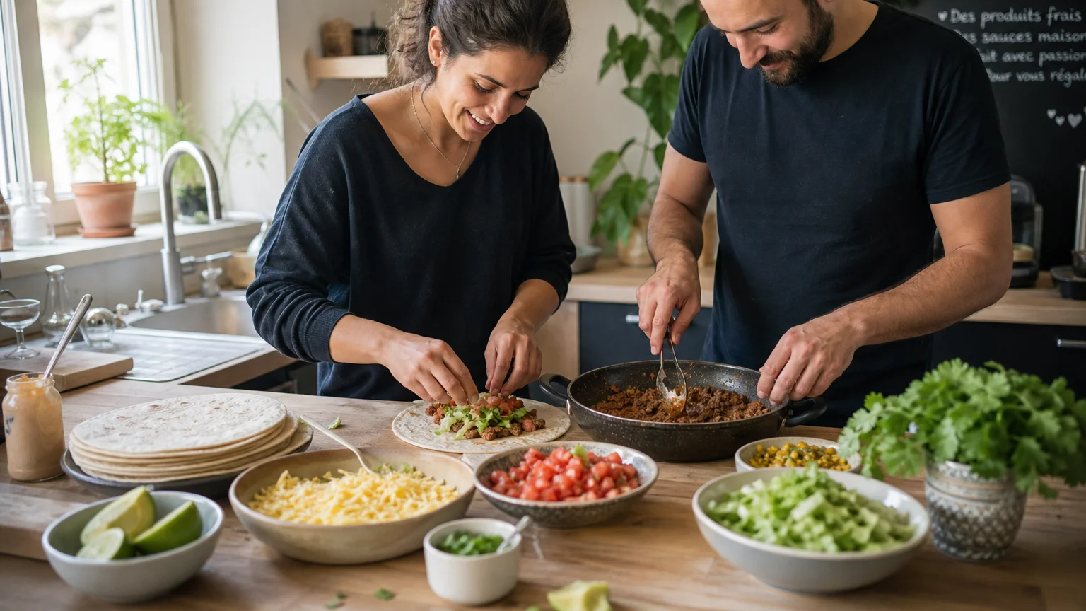 Préparation naturelle de tacos classiques au bœuf avec tortillas et garnitures fraîches