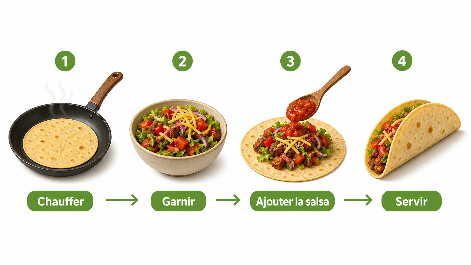 Checklist illustrée des étapes pour réussir une recette classique de tacos