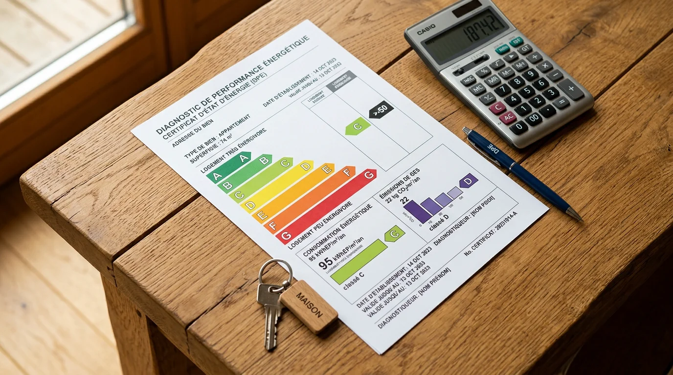 Document d'étiquette énergie avec calculatrice et clés de maison