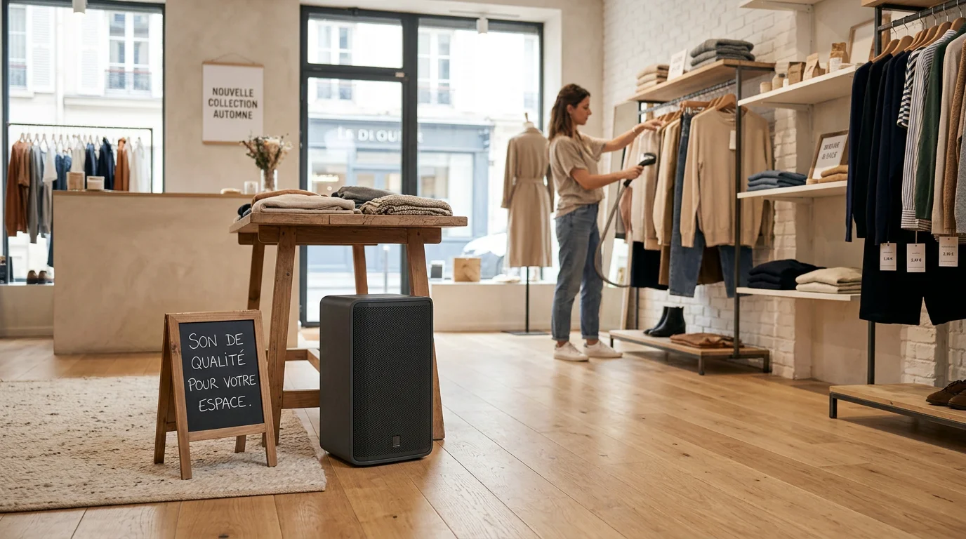 Enceinte active sur batterie dans un commerce lumineux
