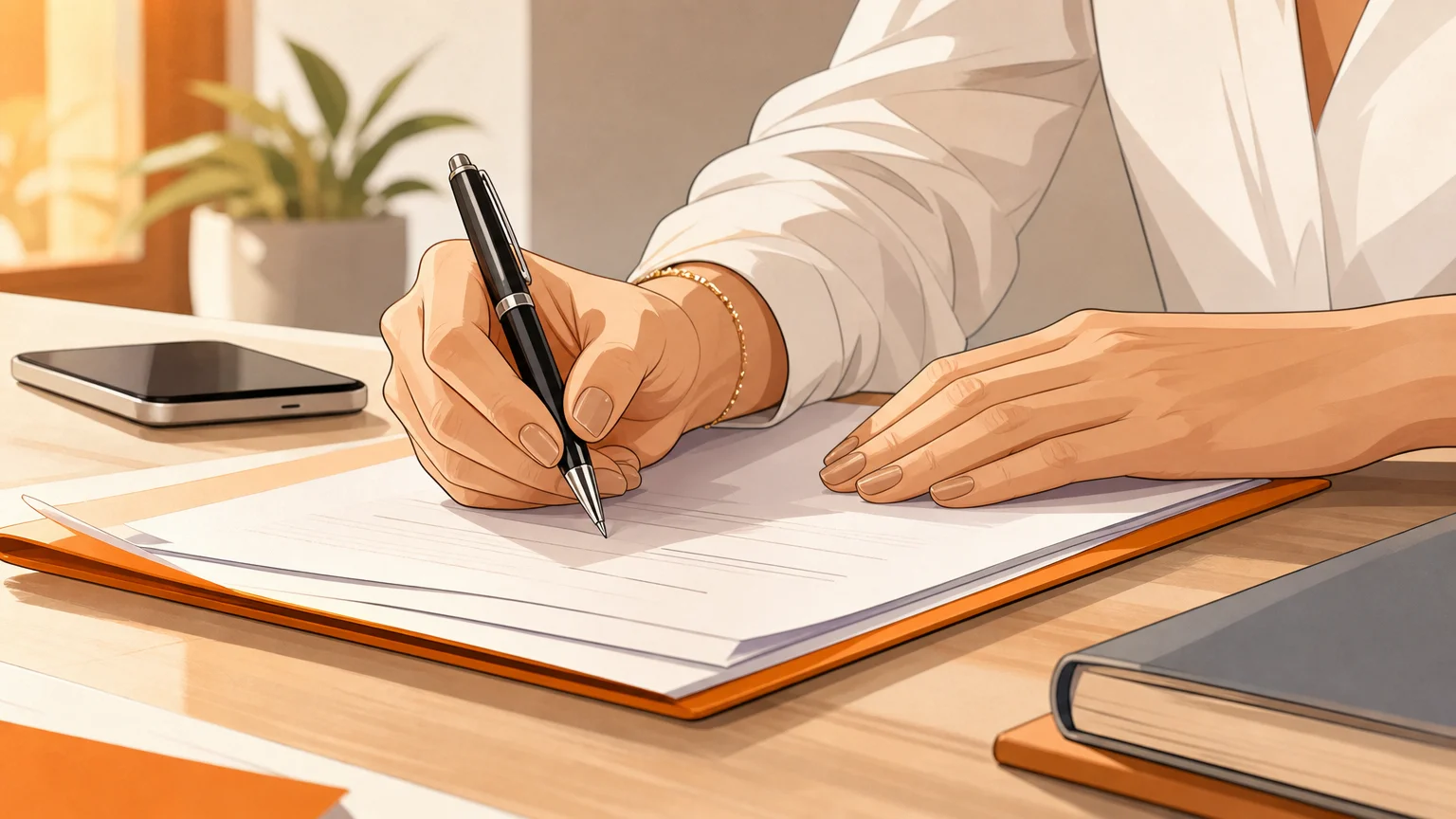 Mains non identifiables signant un document juridique sur un bureau sobre