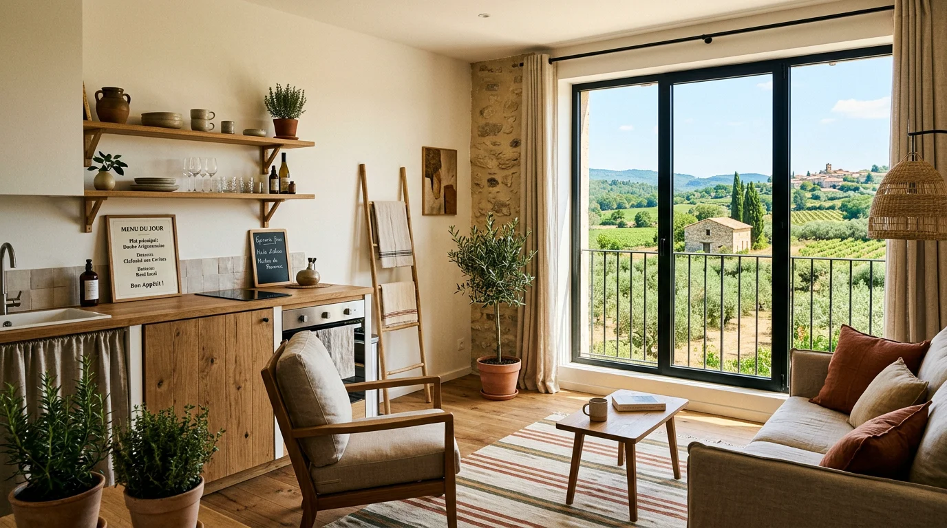 Studio avec kitchenette lumineux ouvert sur un paysage du Luberon