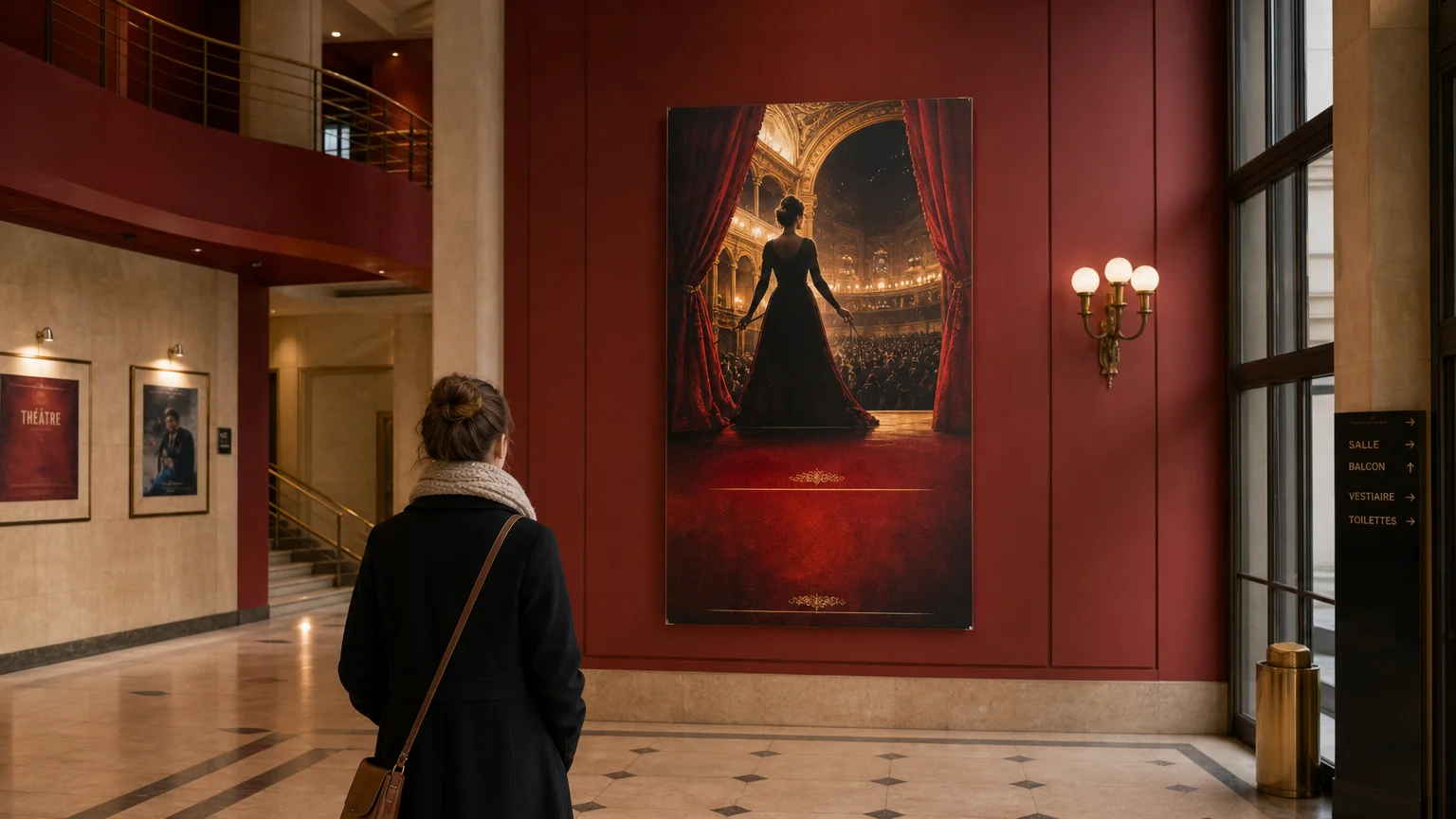 Affiche de théâtre observée à distance dans le hall d’une salle culturelle française