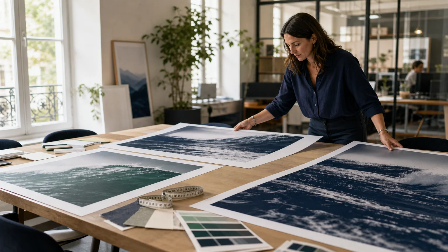 Responsable communication comparant plusieurs formats d’affiches professionnelles